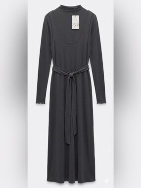Zara Black Long Sleeve Belted Maxi Dress